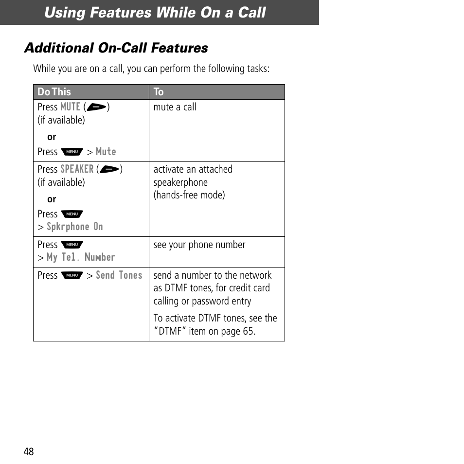 Additional on-call features, Using features while on a call | Motorola V60C User Manual | Page 50 / 190