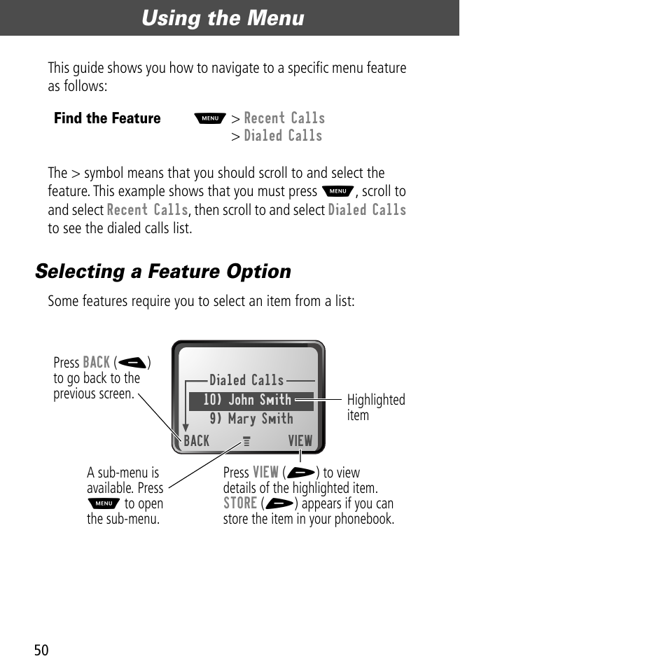 Selecting a feature option, Using the menu | Motorola V60C User Manual | Page 52 / 190