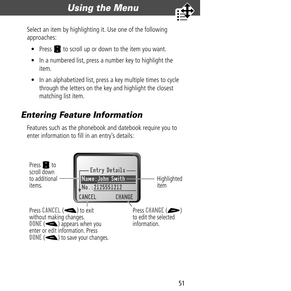 Entering feature information, Using the menu | Motorola V60C User Manual | Page 53 / 190