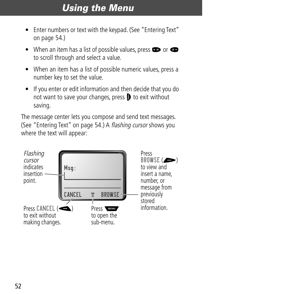 Using the menu | Motorola V60C User Manual | Page 54 / 190