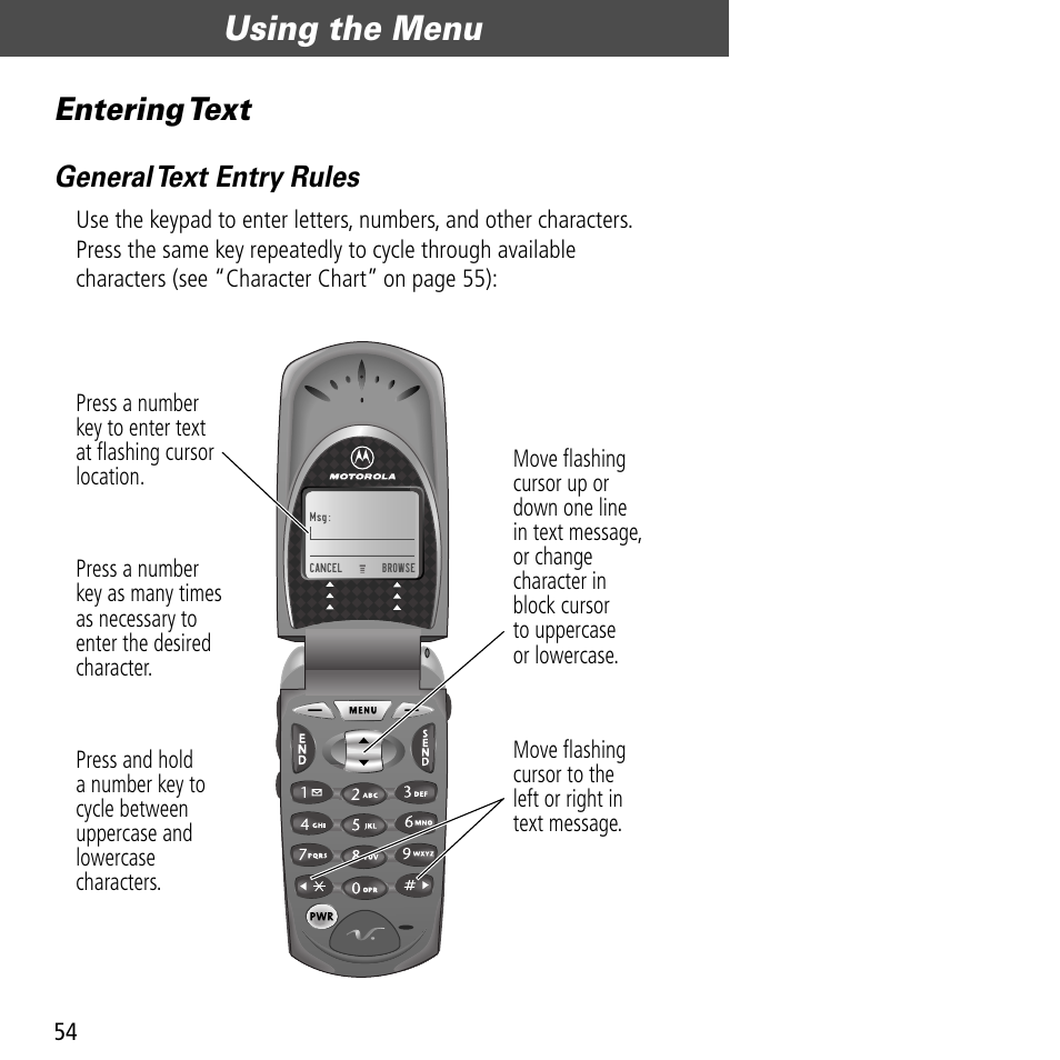 Entering text, Using the menu, General text entry rules | Motorola V60C User Manual | Page 56 / 190