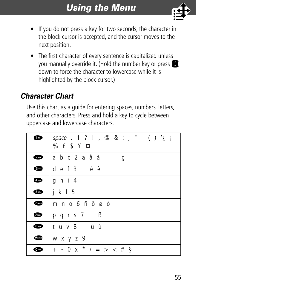 Using the menu, Character chart | Motorola V60C User Manual | Page 57 / 190