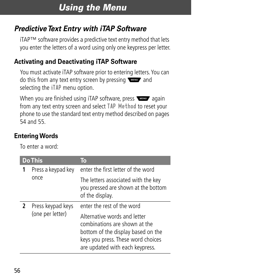 Using the menu, Predictive text entry with itap software | Motorola V60C User Manual | Page 58 / 190