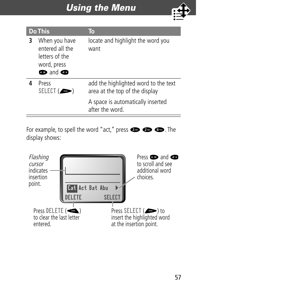 Using the menu | Motorola V60C User Manual | Page 59 / 190