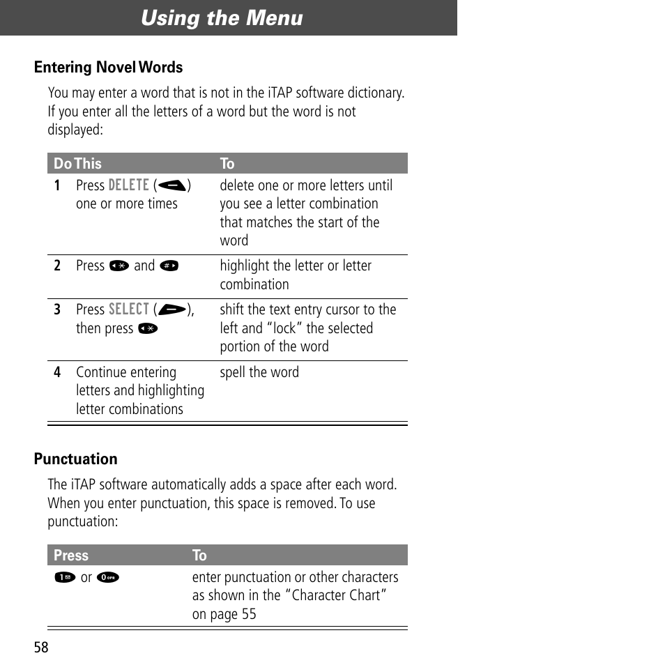 Using the menu | Motorola V60C User Manual | Page 60 / 190