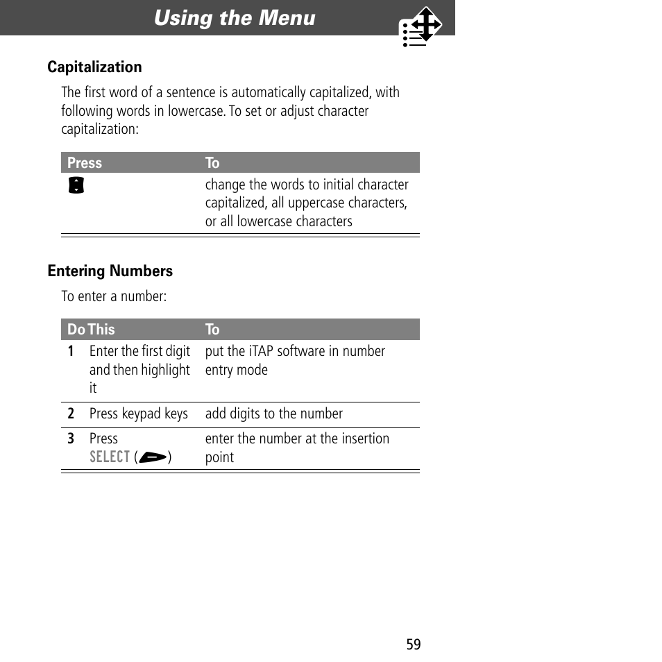 Using the menu | Motorola V60C User Manual | Page 61 / 190