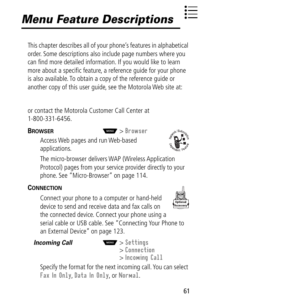 Menu feature descriptions | Motorola V60C User Manual | Page 63 / 190