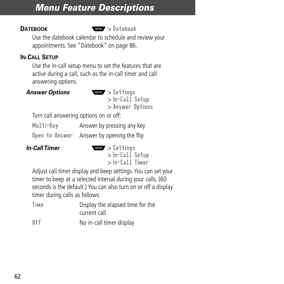 Menu feature descriptions | Motorola V60C User Manual | Page 64 / 190