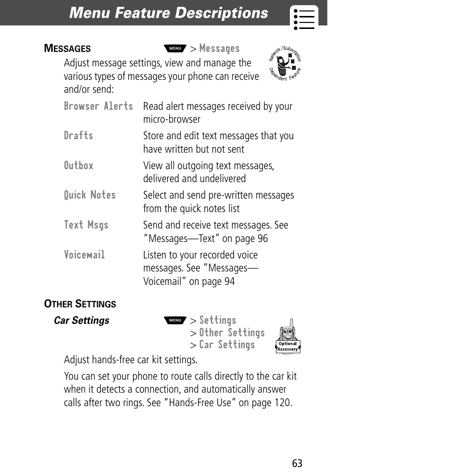 Menu feature descriptions | Motorola V60C User Manual | Page 65 / 190