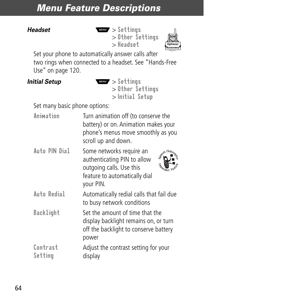 Menu feature descriptions | Motorola V60C User Manual | Page 66 / 190