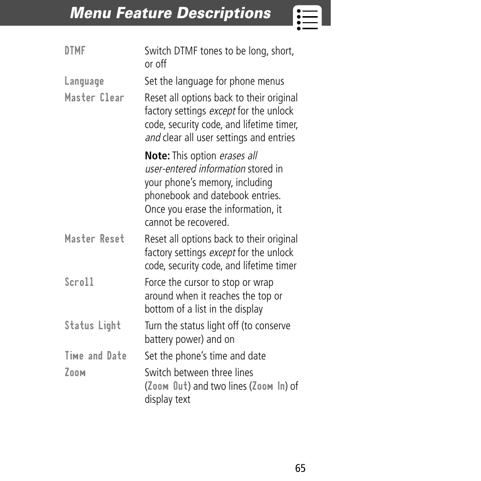 Menu feature descriptions | Motorola V60C User Manual | Page 67 / 190