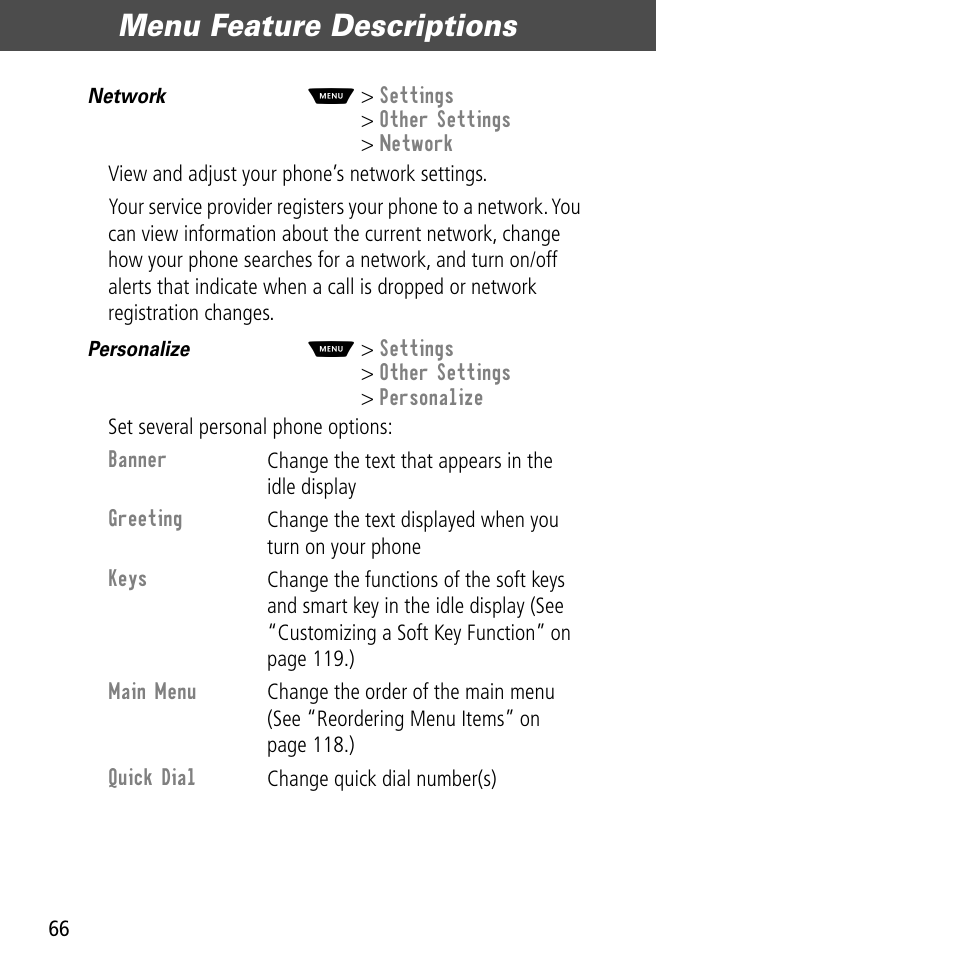 Menu feature descriptions | Motorola V60C User Manual | Page 68 / 190