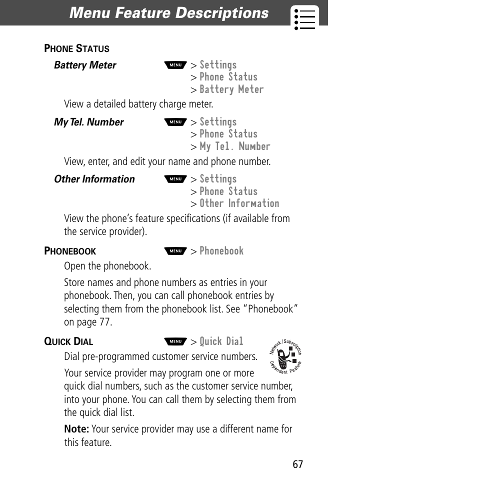 Menu feature descriptions | Motorola V60C User Manual | Page 69 / 190