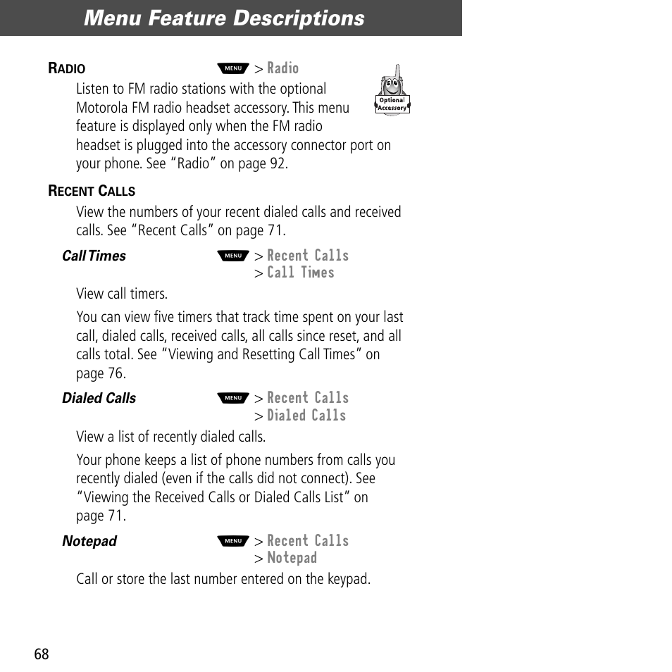 Menu feature descriptions | Motorola V60C User Manual | Page 70 / 190