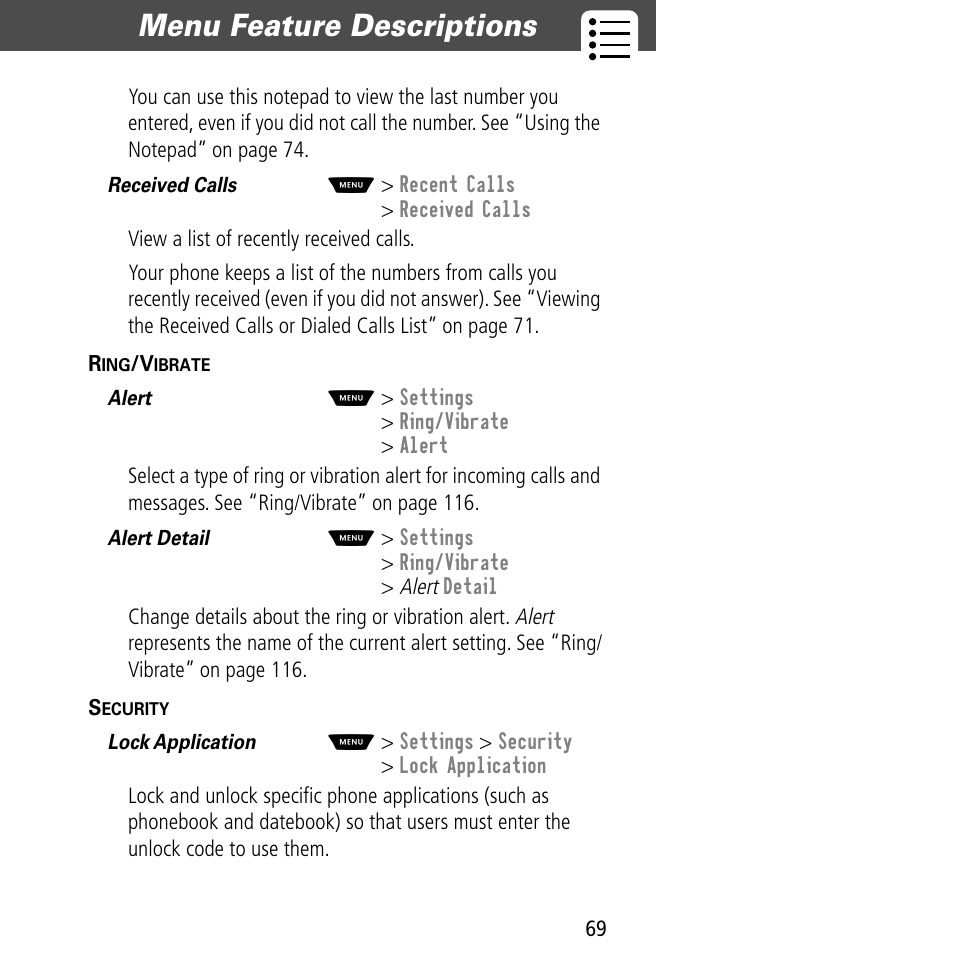 Menu feature descriptions | Motorola V60C User Manual | Page 71 / 190