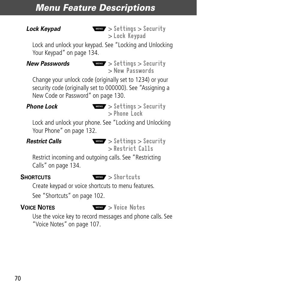 Menu feature descriptions | Motorola V60C User Manual | Page 72 / 190