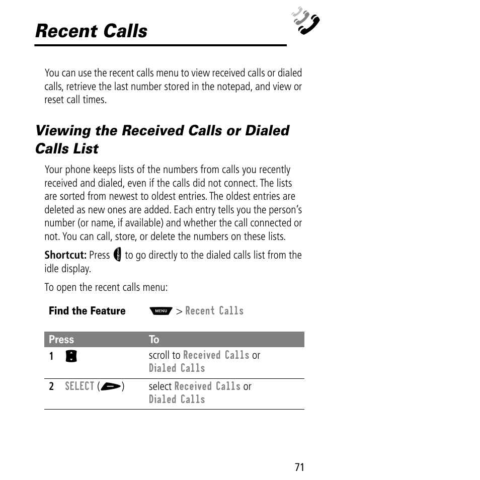 Recent calls, Viewing the received calls or dialed calls list | Motorola V60C User Manual | Page 73 / 190