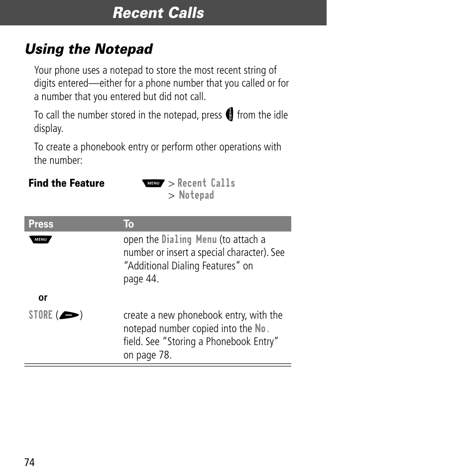 Using the notepad, Recent calls | Motorola V60C User Manual | Page 76 / 190