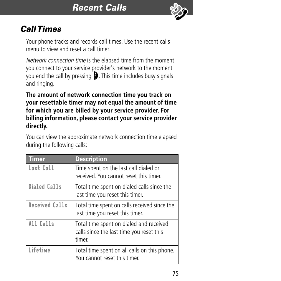 Call times, Recent calls | Motorola V60C User Manual | Page 77 / 190