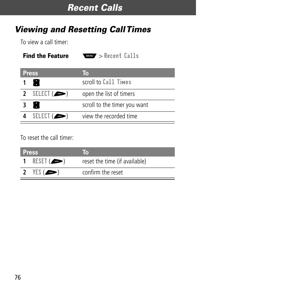 Viewing and resetting call times, Recent calls | Motorola V60C User Manual | Page 78 / 190