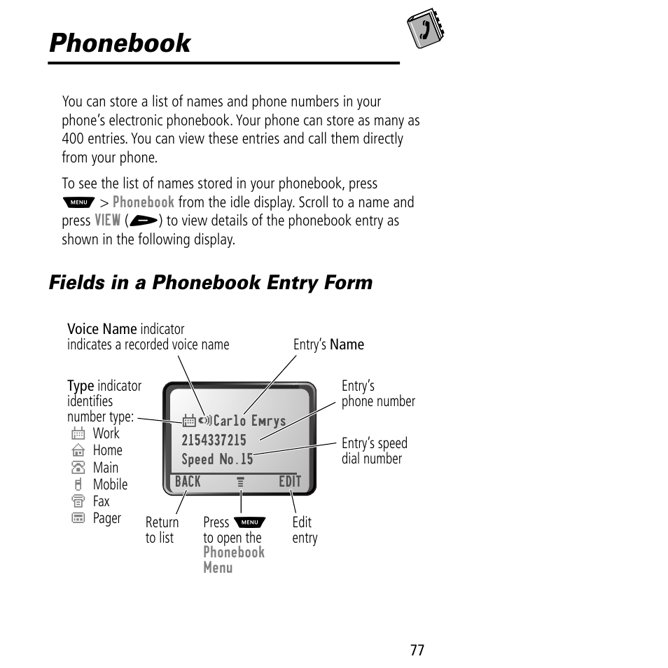 Phonebook, Fields in a phonebook entry form | Motorola V60C User Manual | Page 79 / 190