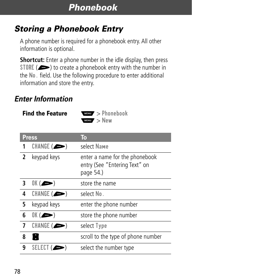 Storing a phonebook entry, Phonebook, Enter information | Motorola V60C User Manual | Page 80 / 190