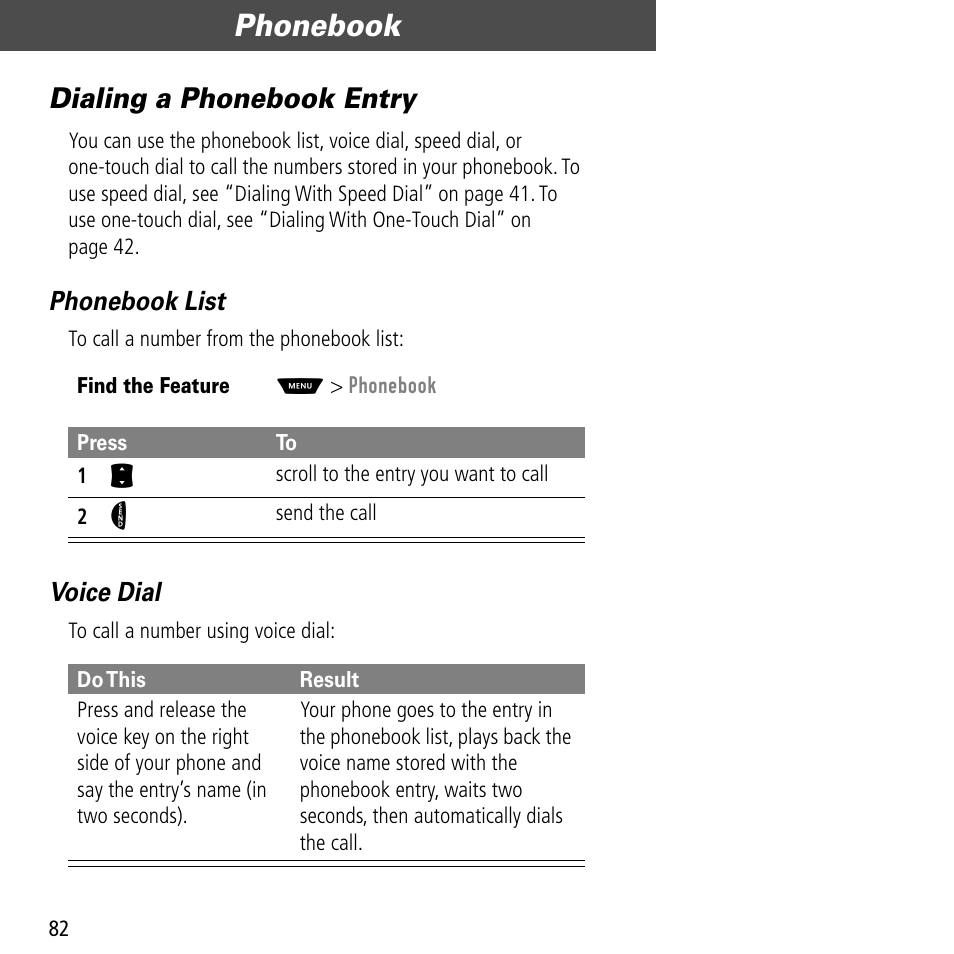 Dialing a phonebook entry, Phonebook | Motorola V60C User Manual | Page 84 / 190