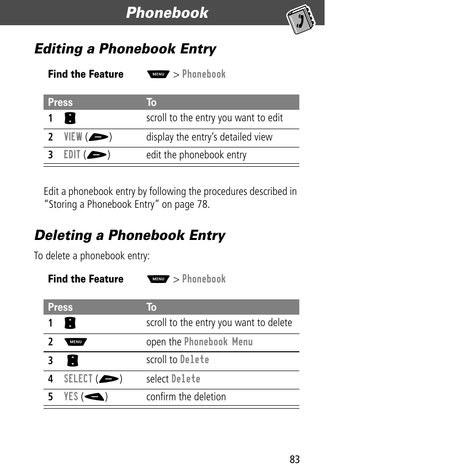 Editing a phonebook entry, Deleting a phonebook entry, Phonebook | Motorola V60C User Manual | Page 85 / 190