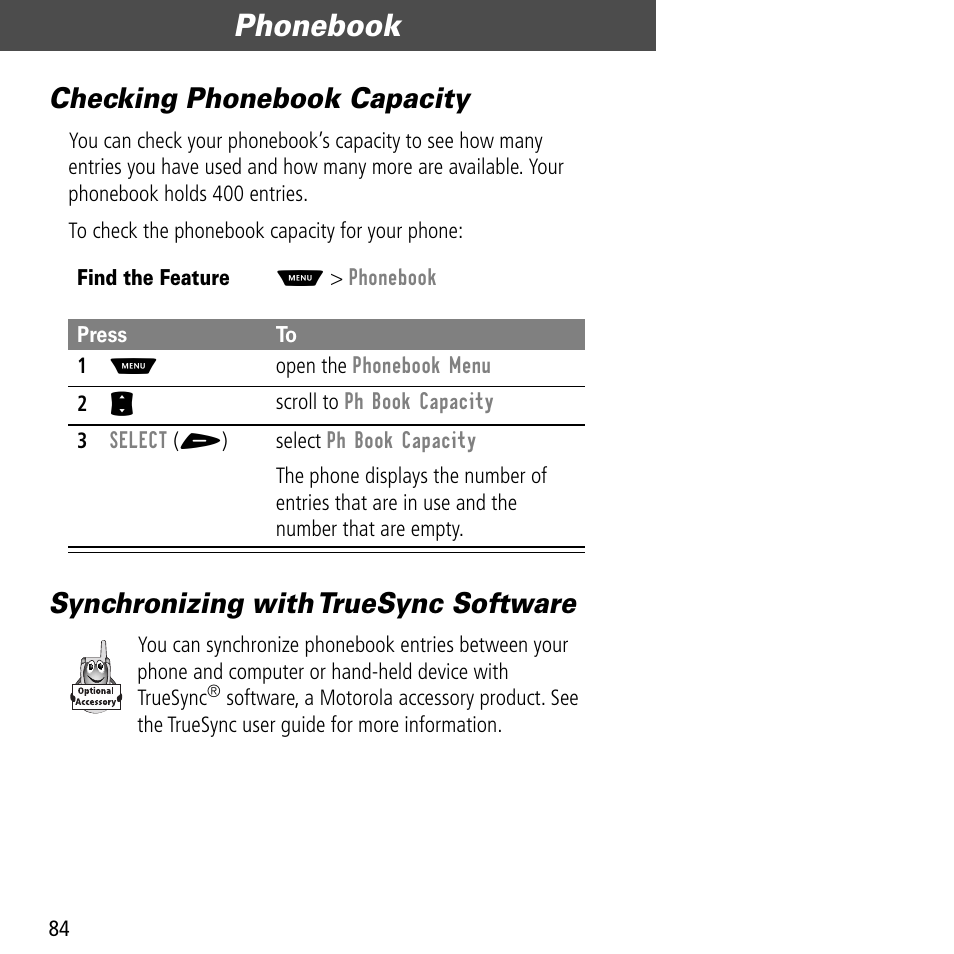 Checking phonebook capacity, Synchronizing with truesync software, User-settable shortcuts | Phonebook | Motorola V60C User Manual | Page 86 / 190