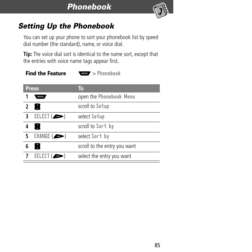 Setting up the phonebook, Phonebook | Motorola V60C User Manual | Page 87 / 190