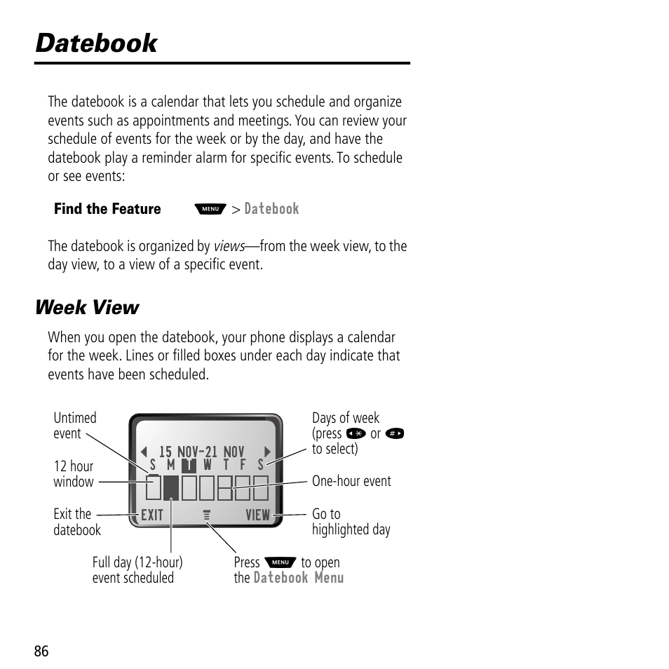 Datebook, Week view | Motorola V60C User Manual | Page 88 / 190