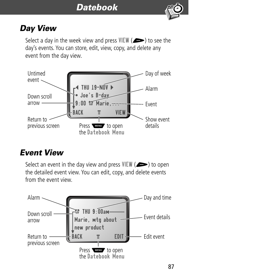 Day view, Event view, Day view event view | Datebook | Motorola V60C User Manual | Page 89 / 190