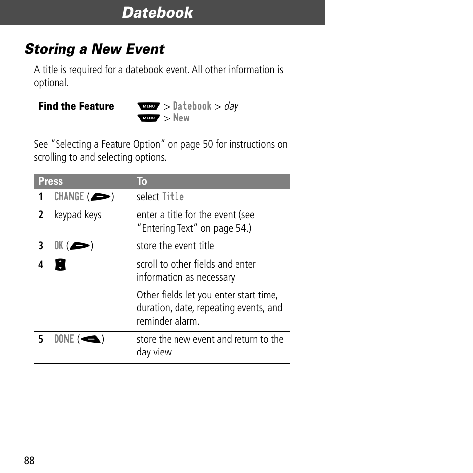 Storing a new event, Datebook | Motorola V60C User Manual | Page 90 / 190