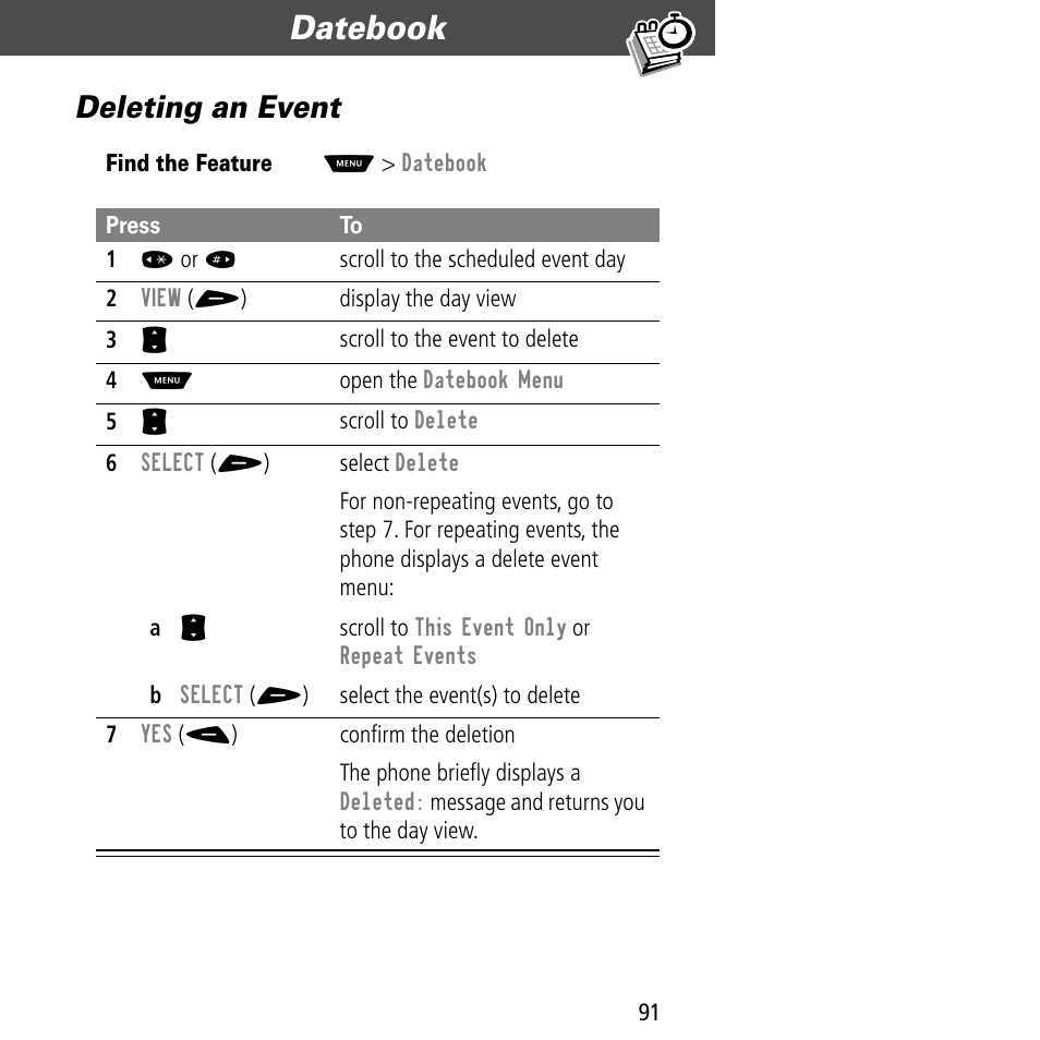 Deleting an event, Datebook | Motorola V60C User Manual | Page 93 / 190