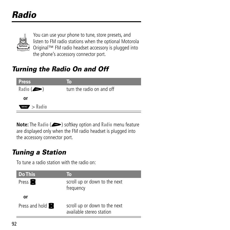 Radio, Turning the radio on and off, Tuning a station | Turning the radio on and off tuning a station | Motorola V60C User Manual | Page 94 / 190