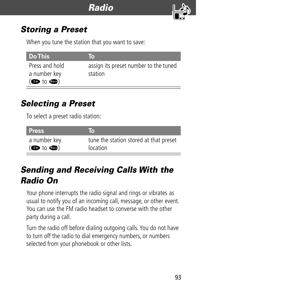 Storing a preset, Selecting a preset, Sending and receiving calls with the radio on | Radio | Motorola V60C User Manual | Page 95 / 190