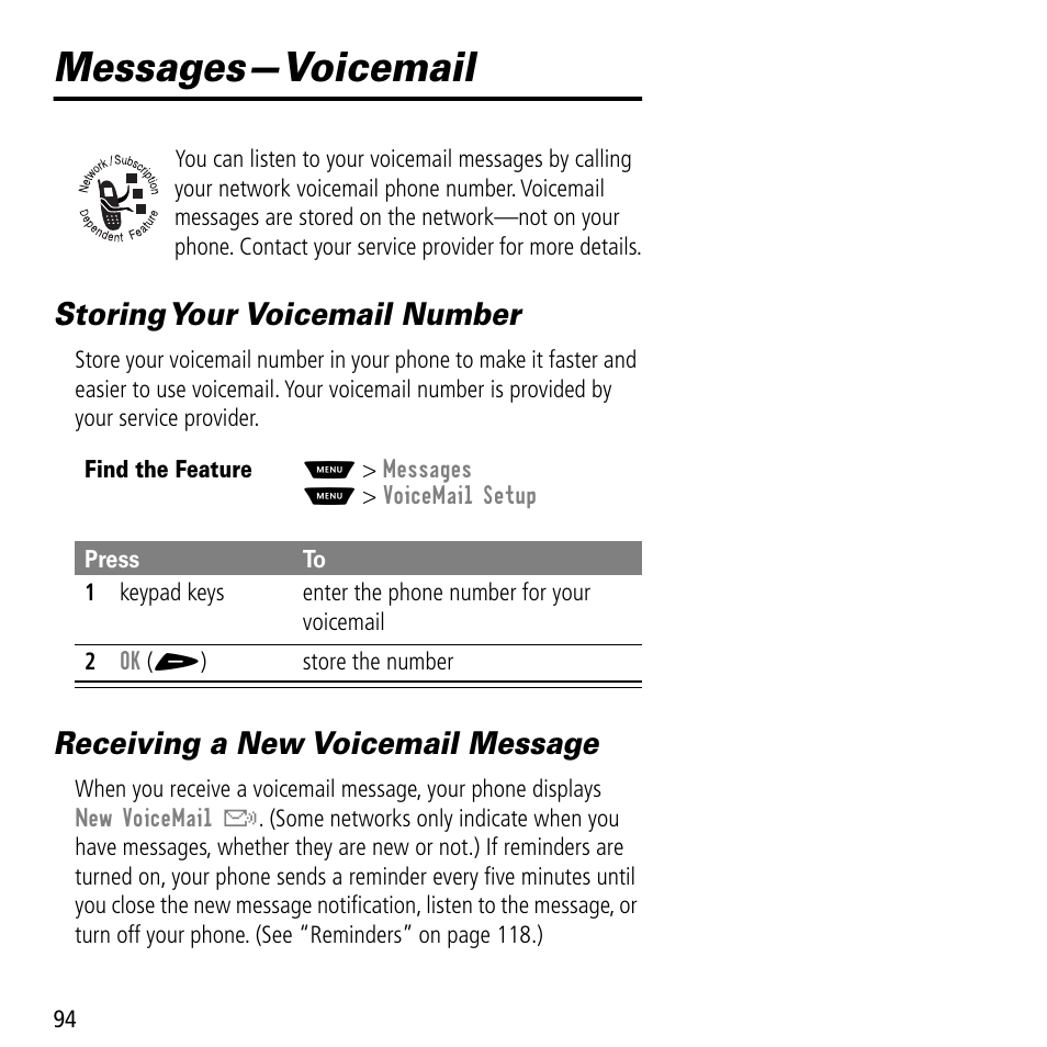 Messages—voicemail, Storing your voicemail number, Receiving a new voicemail message | Motorola V60C User Manual | Page 96 / 190