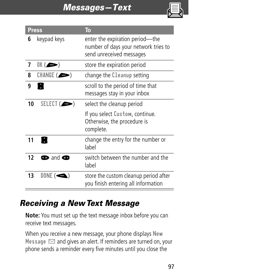 Receiving a new text message, Messages—text | Motorola V60C User Manual | Page 99 / 190