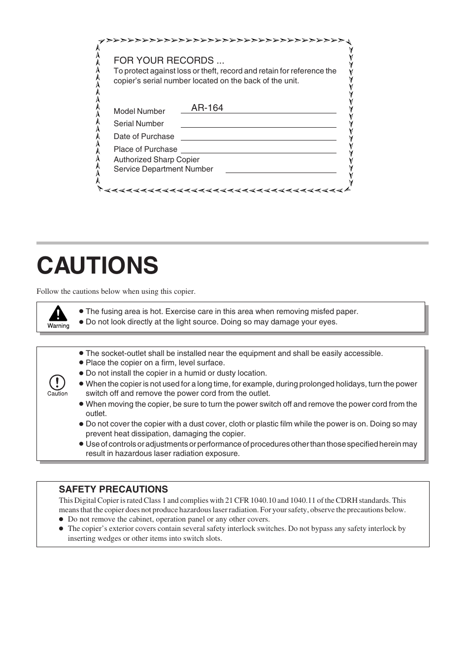 Cautions | Sharp AR-164 User Manual | Page 2 / 80