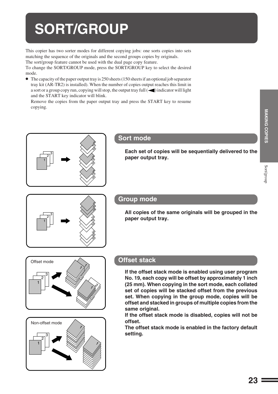 Sort/group, Sort mode, Group mode | Offset stack | Sharp AR-164 User Manual | Page 25 / 80