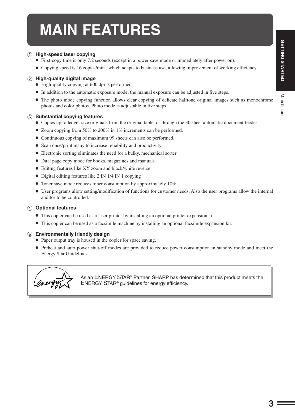 Main features | Sharp AR-164 User Manual | Page 5 / 80
