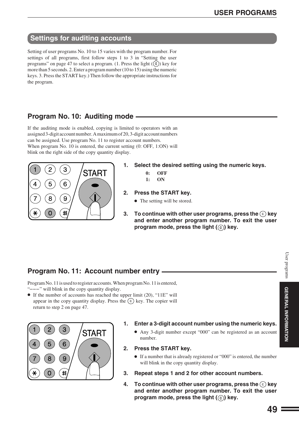 User programs, Settings for auditing accounts, Program no. 10: auditing mode | Program no. 11: account number entry | Sharp AR-164 User Manual | Page 51 / 80