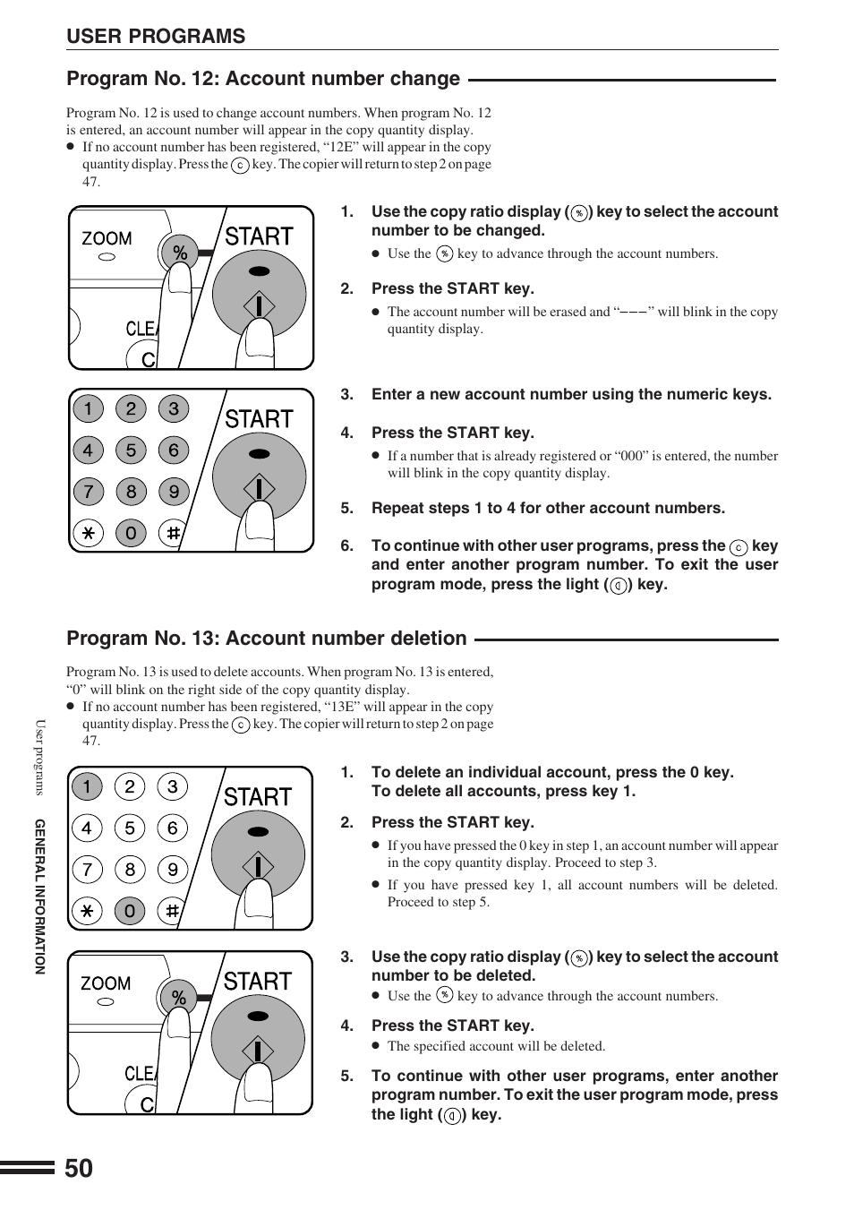 User programs, Program no. 12: account number change, Program no. 13: account number deletion | Sharp AR-164 User Manual | Page 52 / 80