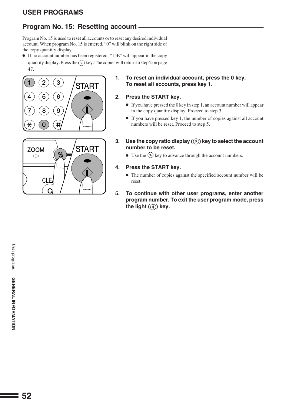 User programs, Program no. 15: resetting account | Sharp AR-164 User Manual | Page 54 / 80