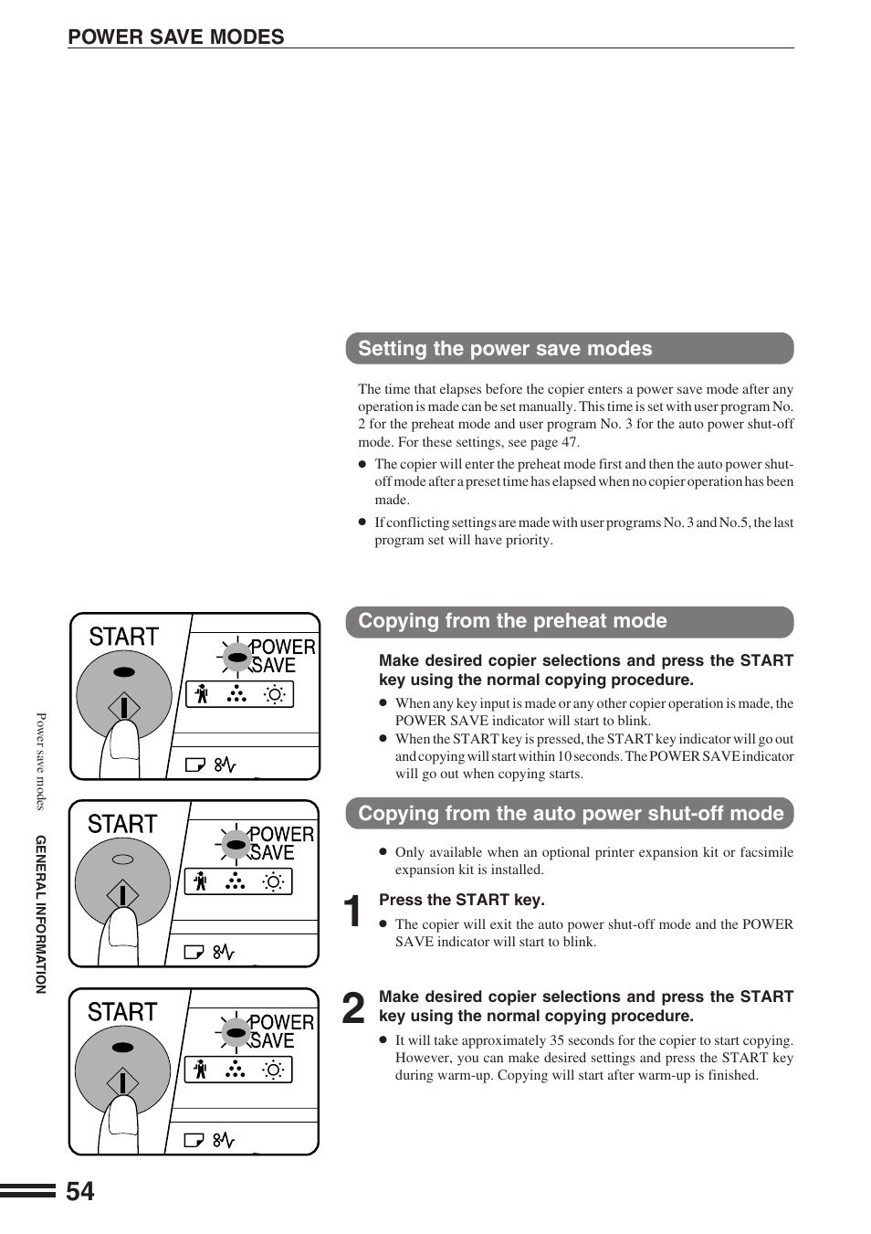 Setting the power save modes, Copying from the preheat mode, Copying from the auto power shut-off mode | Power save modes | Sharp AR-164 User Manual | Page 56 / 80
