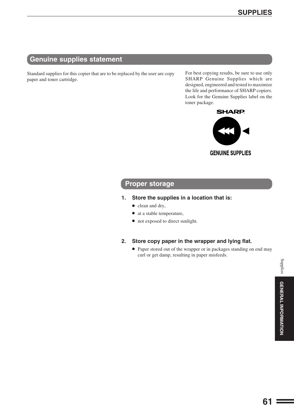 Supplies genuine supplies statement, Proper storage | Sharp AR-164 User Manual | Page 63 / 80