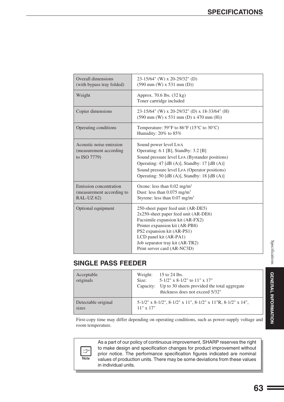 Specifications, Single pass feeder | Sharp AR-164 User Manual | Page 65 / 80