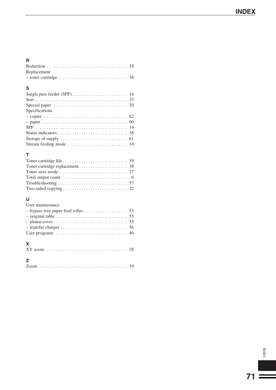 Index | Sharp AR-164 User Manual | Page 73 / 80