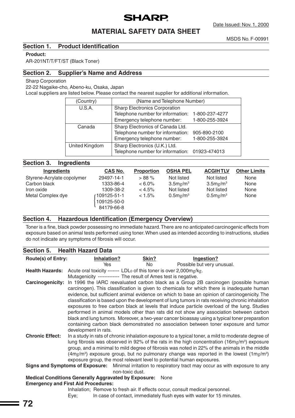 Material safety data sheet | Sharp AR-164 User Manual | Page 74 / 80