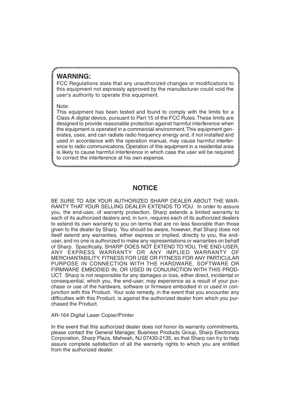 Warning, Notice | Sharp AR-164 User Manual | Page 79 / 80